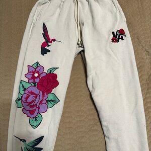 YoungLA Kids Joggers with Floral and Hummingbird Design - Cream